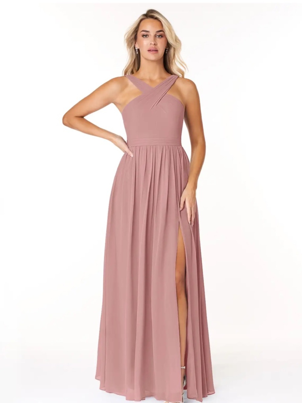 Size A12 NWT Azazie Elvira Dusty Rose Cross-Strap Chiffon Bridesmaid Dress